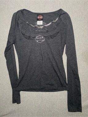 Harley Davidson Long Sleeve Rhinestone Grey Shirt San Benito, Texas Size SMALL
